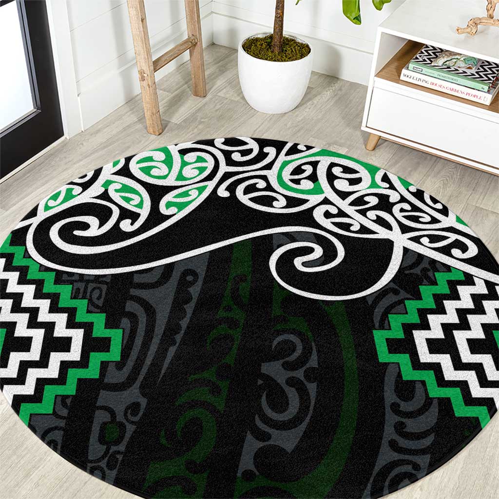 Green Aotearoa Tukutuku Manawa Tapu Round Carpet Ta Moko Toi Maori