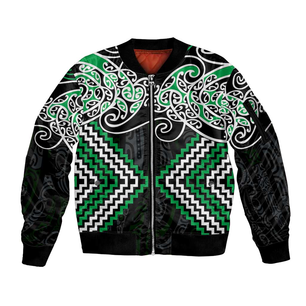 Green Aotearoa Tukutuku Manawa Tapu Sleeve Zip Bomber Jacket Ta Moko Toi Maori