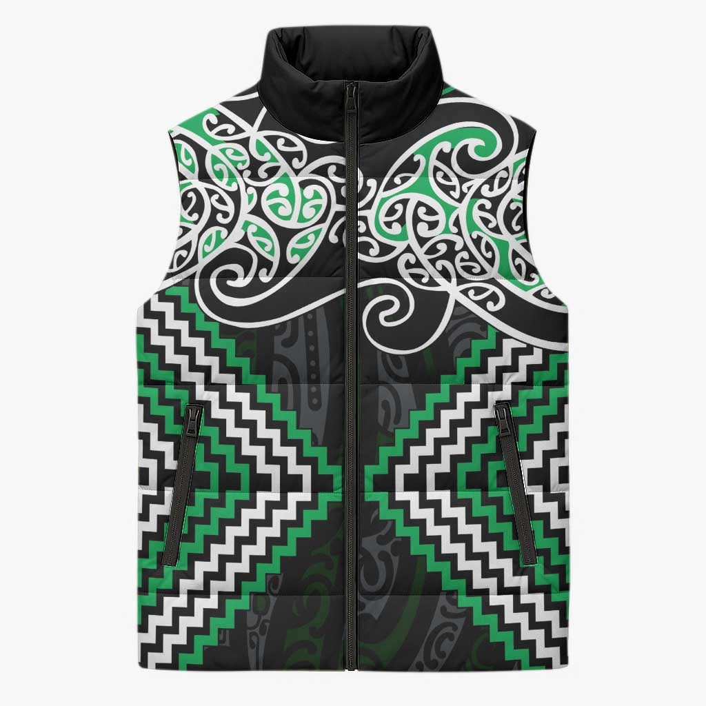 Green Aotearoa Tukutuku Manawa Tapu Sleeveless Puffer Jacket Ta Moko Toi Maori - Polynesian Pride