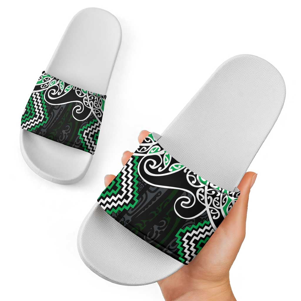 Green Aotearoa Tukutuku Manawa Tapu Slide Sandals Ta Moko Toi Maori - Polynesian Pride