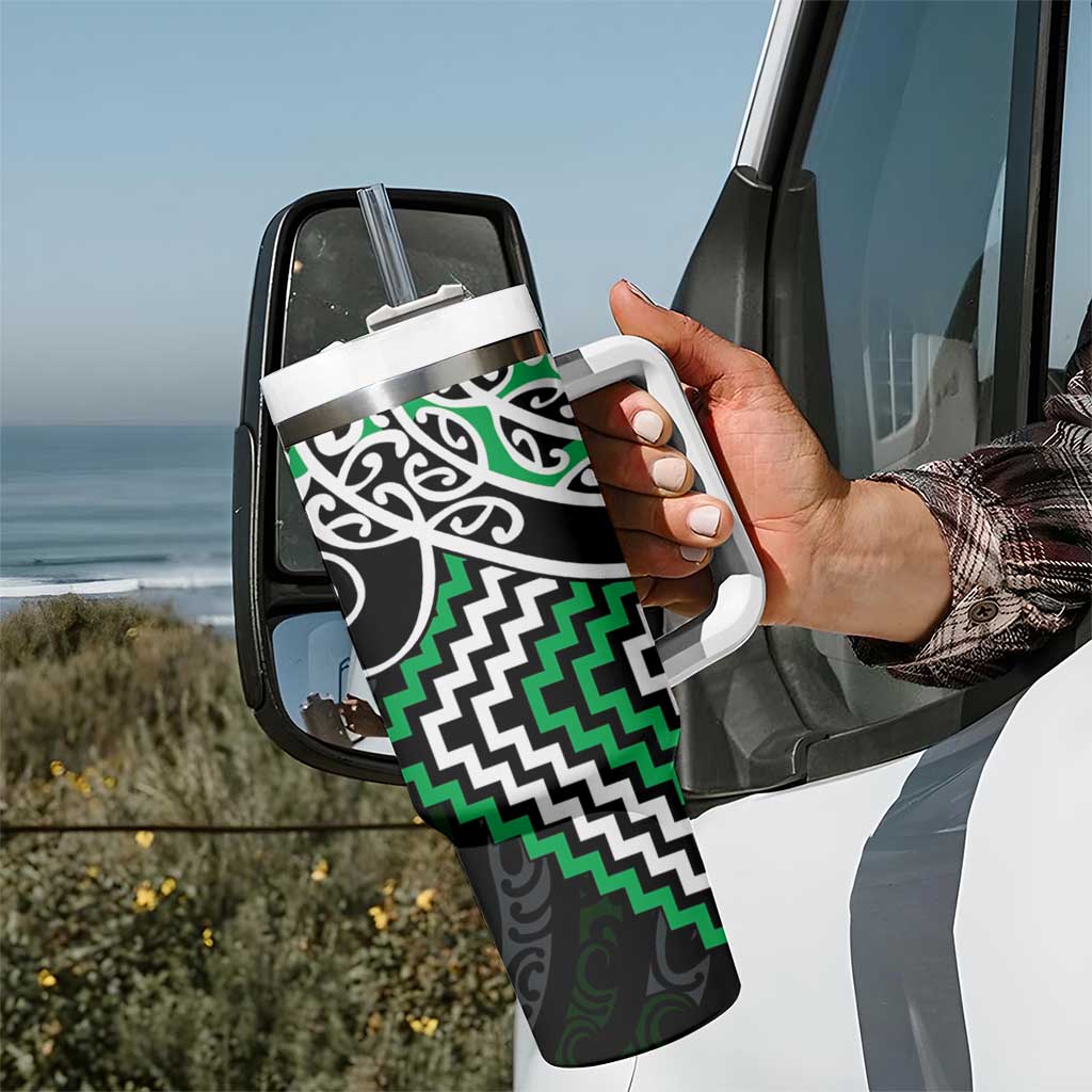 Green Aotearoa Tukutuku Manawa Tapu Tumbler With Handle Ta Moko Toi Maori LT9 - Polynesian Pride