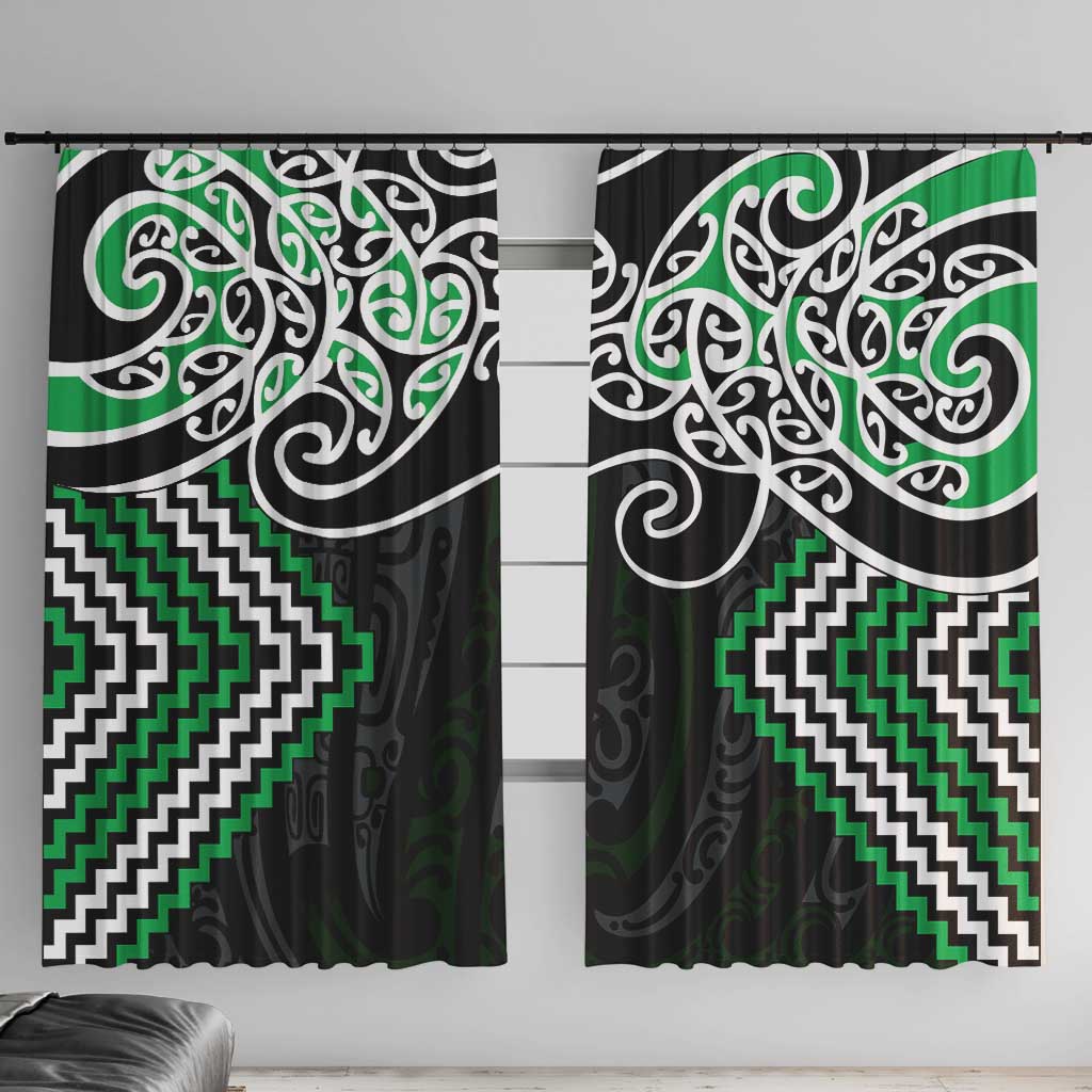 Green Aotearoa Tukutuku Manawa Tapu Window Curtain Ta Moko Toi Maori LT9 With Hooks Green - Polynesian Pride