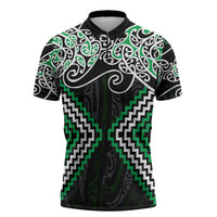 Green Aotearoa Tukutuku Manawa Tapu Zipper Polo Shirt Ta Moko Toi Maori - Polynesian Pride