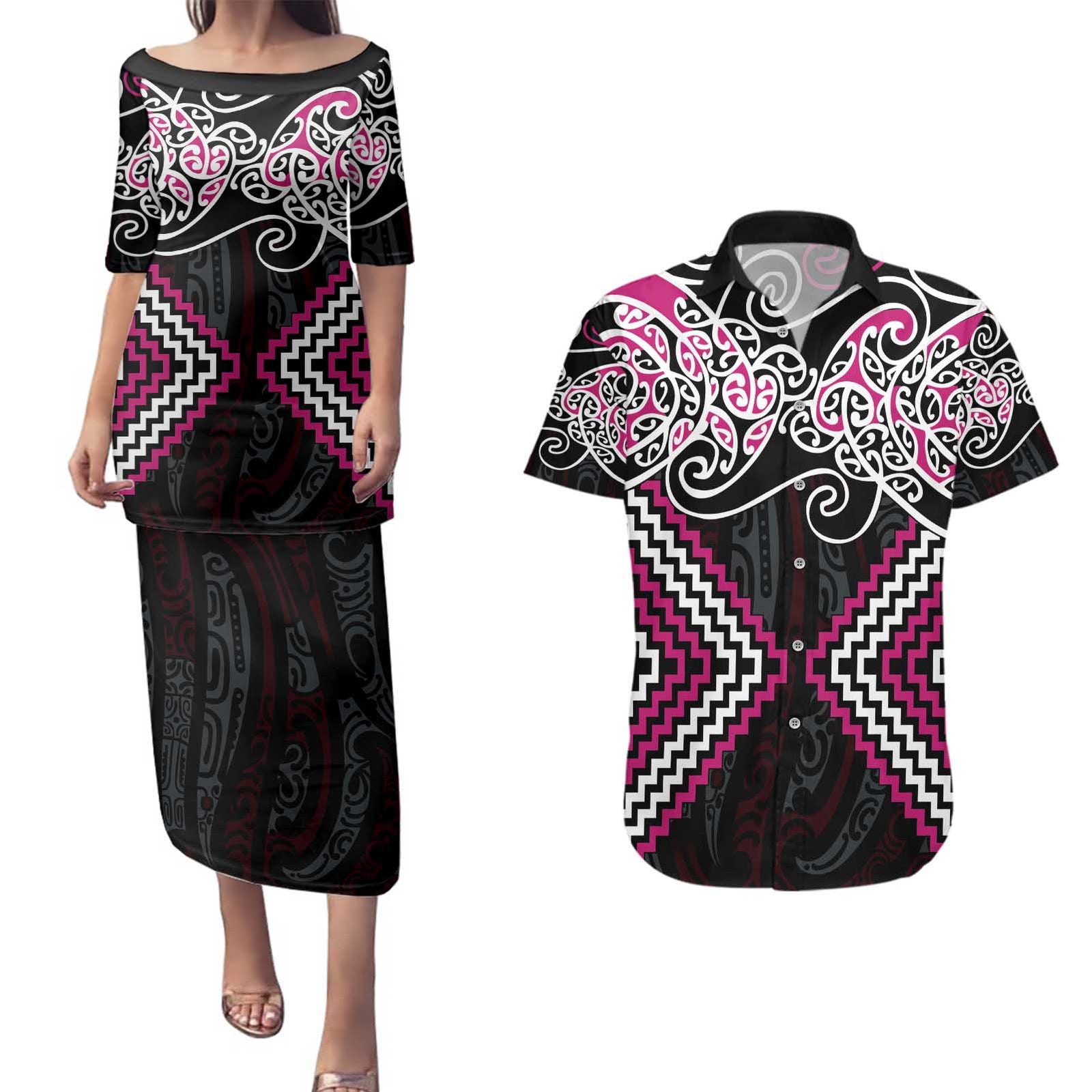 Pink Aotearoa Tukutuku Manawa Tapu Couples Matching Puletasi and Hawaiian Shirt Ta Moko Toi Maori LT9 Pink - Polynesian Pride