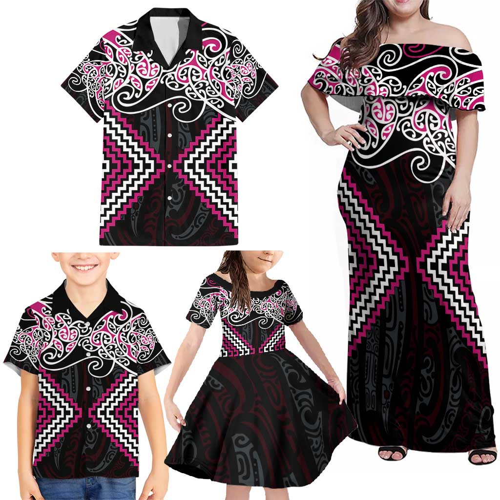 Pink Aotearoa Tukutuku Manawa Tapu Family Matching Off Shoulder Maxi Dress and Hawaiian Shirt Ta Moko Toi Maori