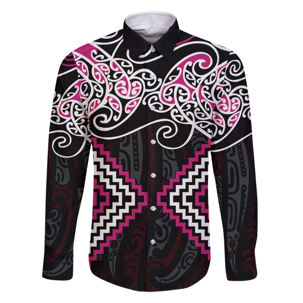 Pink Aotearoa Tukutuku Manawa Tapu Family Matching Off Shoulder Maxi Dress and Hawaiian Shirt Ta Moko Toi Maori