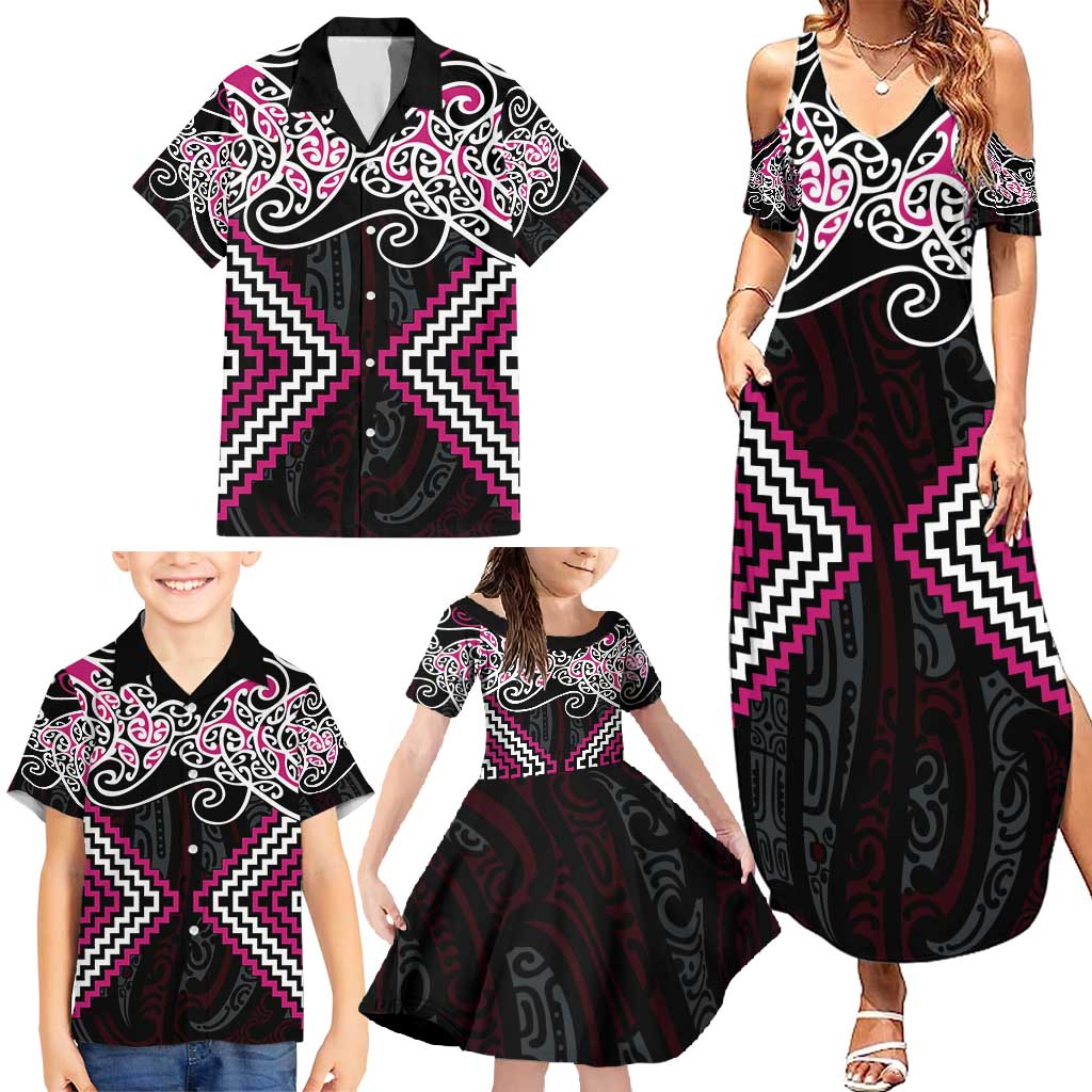 Pink Aotearoa Tukutuku Manawa Tapu Family Matching Summer Maxi Dress and Hawaiian Shirt Ta Moko Toi Maori