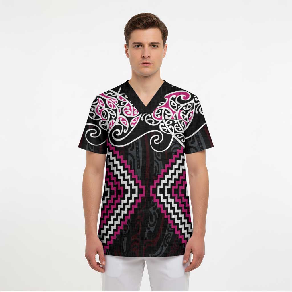 Pink Aotearoa Tukutuku Manawa Tapu Scrub Top Ta Moko Toi Maori - Polynesian Pride