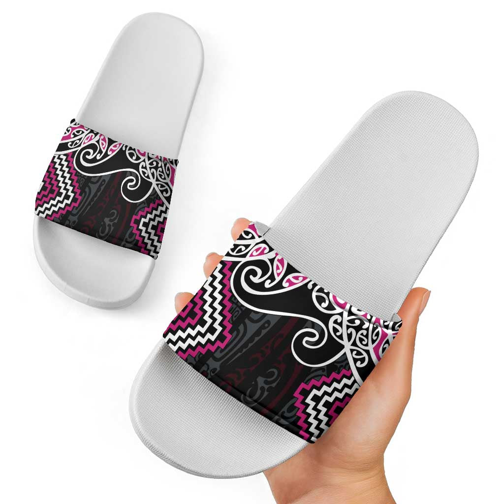 Pink Aotearoa Tukutuku Manawa Tapu Slide Sandals Ta Moko Toi Maori - Polynesian Pride
