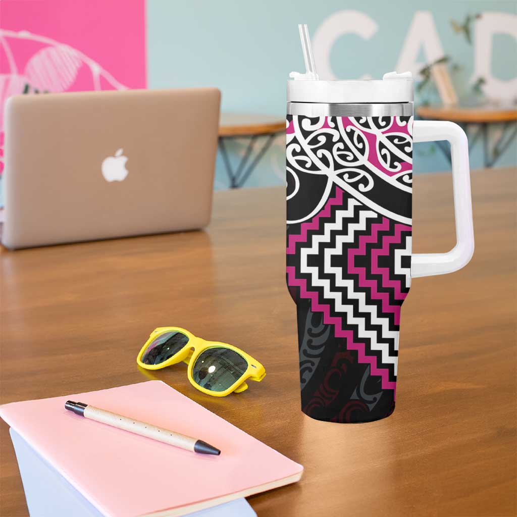 Pink Aotearoa Tukutuku Manawa Tapu Tumbler With Handle Ta Moko Toi Maori LT9 - Polynesian Pride