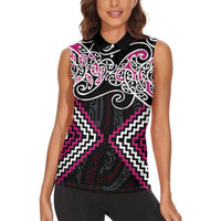 Pink Aotearoa Tukutuku Manawa Tapu Women Sleeveless Polo Shirt Ta Moko Toi Maori