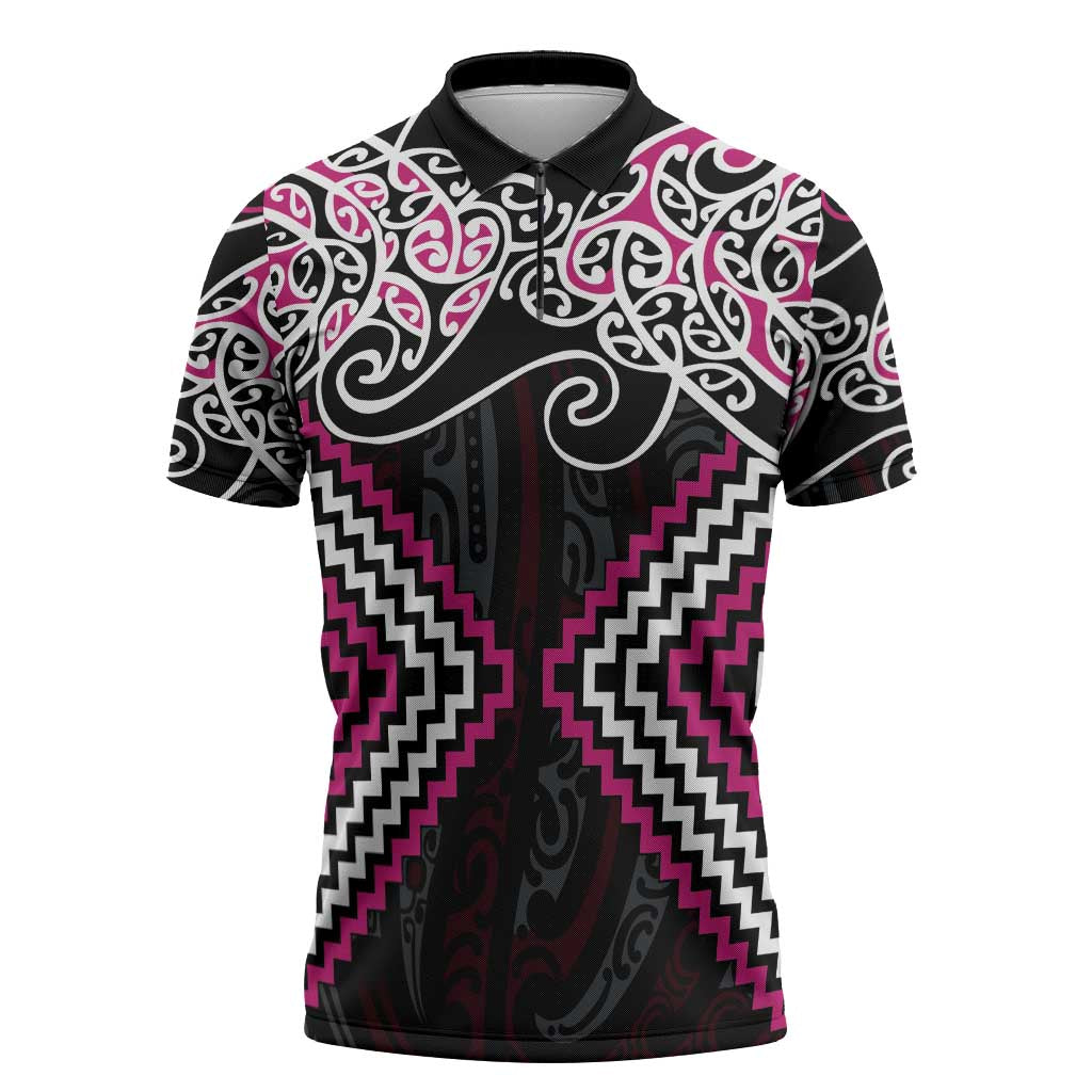 Pink Aotearoa Tukutuku Manawa Tapu Zipper Polo Shirt Ta Moko Toi Maori - Polynesian Pride