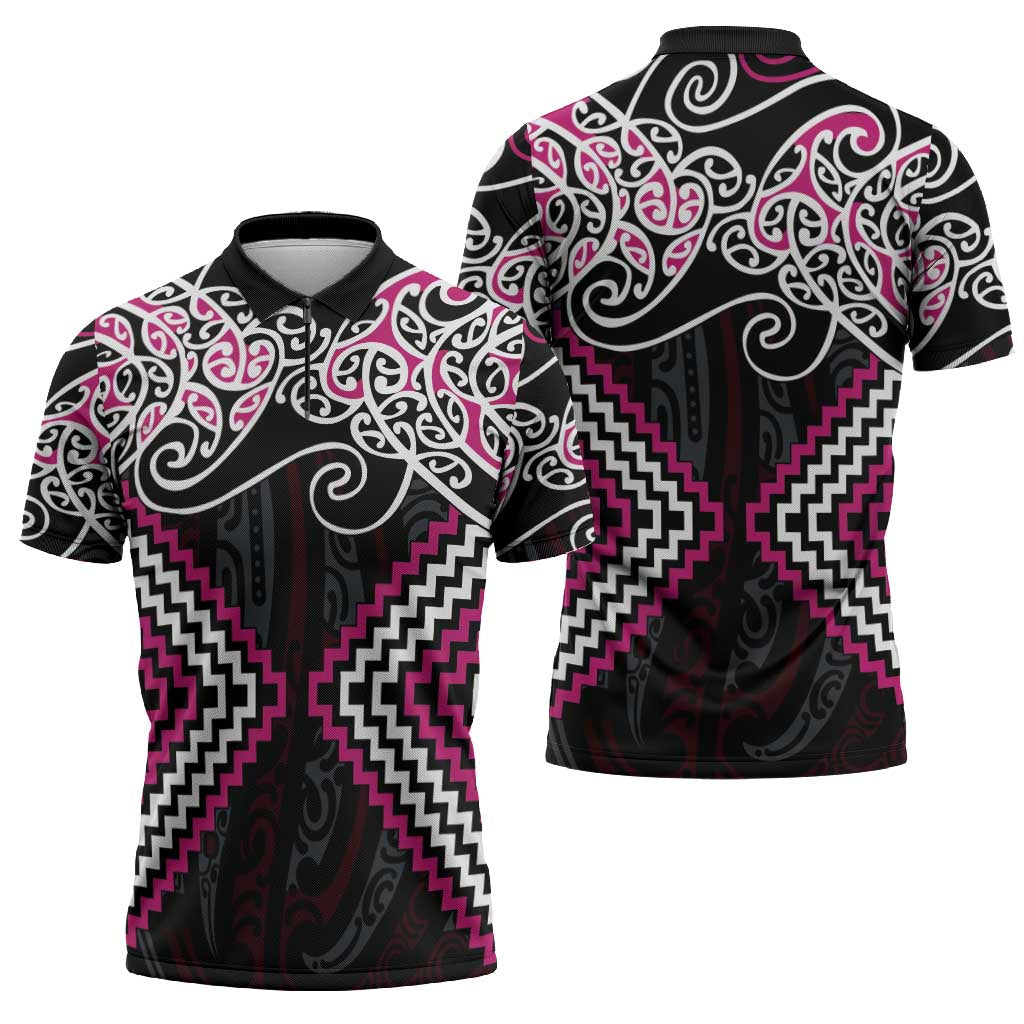 Pink Aotearoa Tukutuku Manawa Tapu Zipper Polo Shirt Ta Moko Toi Maori - Polynesian Pride
