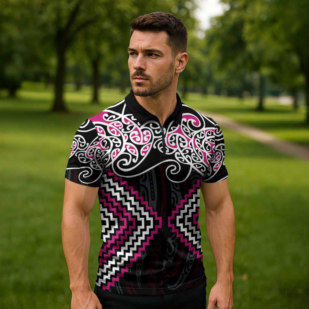 Pink Aotearoa Tukutuku Manawa Tapu Zipper Polo Shirt Ta Moko Toi Maori - Polynesian Pride