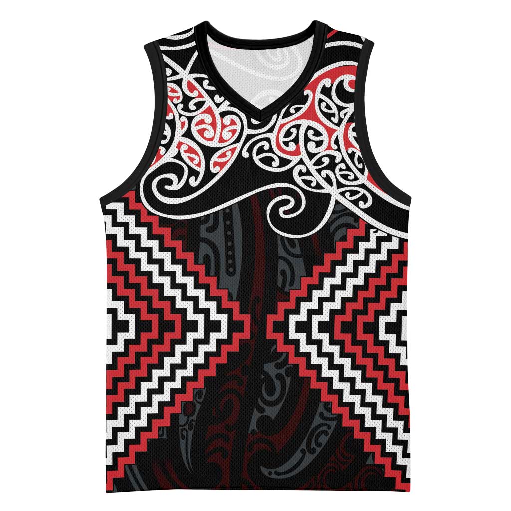 Red Aotearoa Tukutuku Manawa Tapu Basketball Jersey Ta Moko Toi Maori - Polynesian Pride
