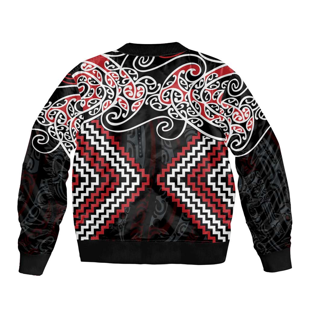 Red Aotearoa Tukutuku Manawa Tapu Bomber Jacket Ta Moko Toi Maori