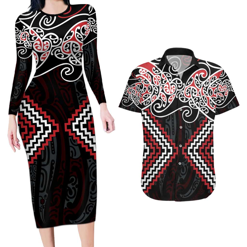 Red Aotearoa Tukutuku Manawa Tapu Couples Matching Long Sleeve Bodycon Dress and Hawaiian Shirt Ta Moko Toi Maori LT9 Red - Polynesian Pride