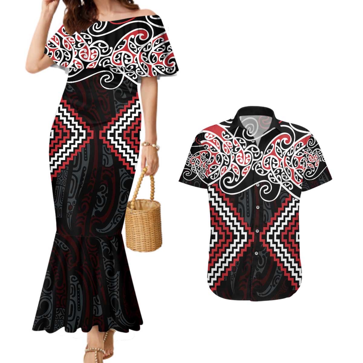 Red Aotearoa Tukutuku Manawa Tapu Couples Matching Mermaid Dress and Hawaiian Shirt Ta Moko Toi Maori LT9 Red - Polynesian Pride