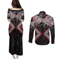 Red Aotearoa Tukutuku Manawa Tapu Couples Matching Puletasi and Long Sleeve Button Shirt Ta Moko Toi Maori