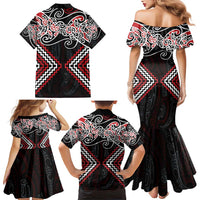 Red Aotearoa Tukutuku Manawa Tapu Family Matching Mermaid Dress and Hawaiian Shirt Ta Moko Toi Maori
