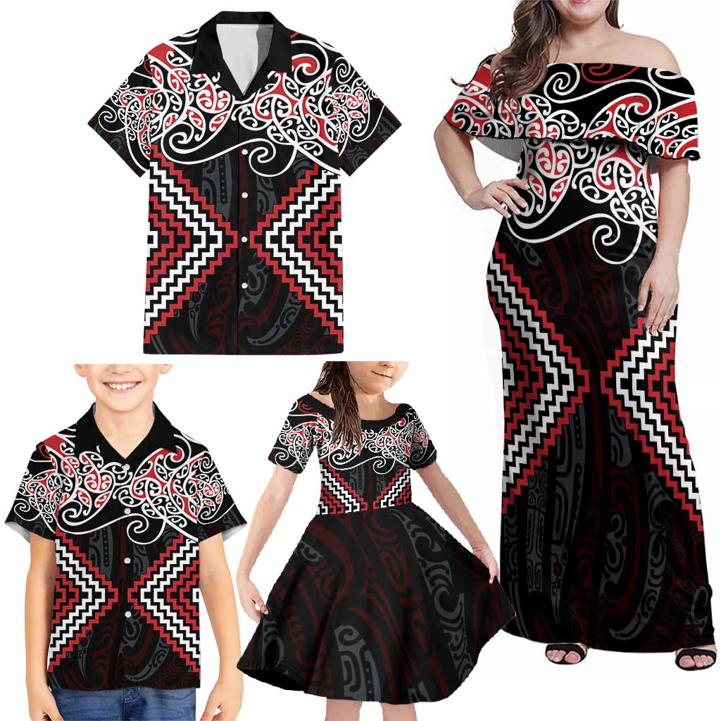 Red Aotearoa Tukutuku Manawa Tapu Family Matching Off Shoulder Maxi Dress and Hawaiian Shirt Ta Moko Toi Maori