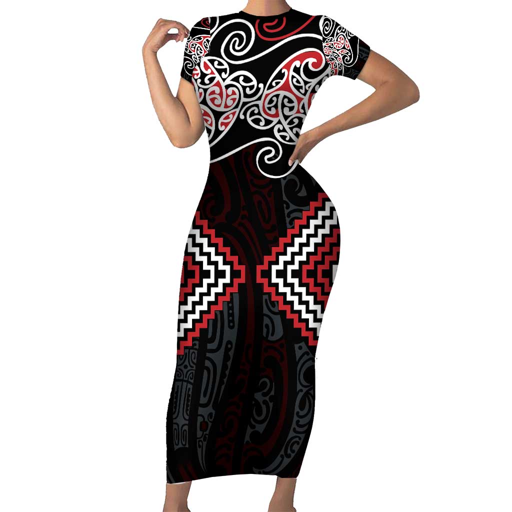 Red Aotearoa Tukutuku Manawa Tapu Family Matching Short Sleeve Bodycon Dress and Hawaiian Shirt Ta Moko Toi Maori