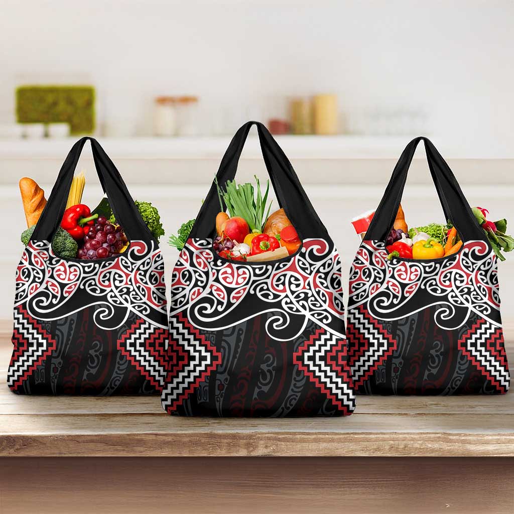 Red Aotearoa Tukutuku Manawa Tapu Grocery Bag Ta Moko Toi Maori LT9 3-pack One Size Red - Polynesian Pride