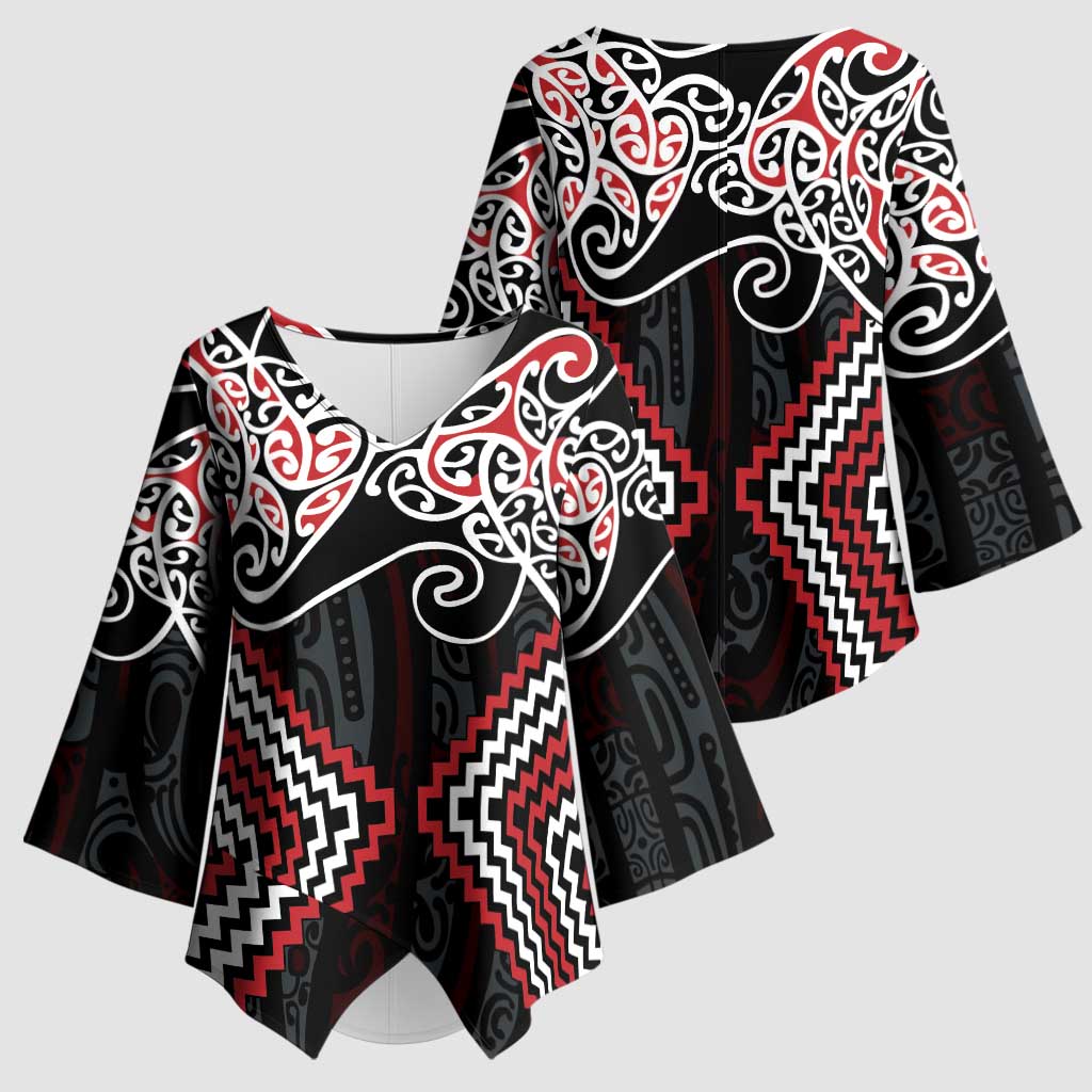 Red Aotearoa Tukutuku Manawa Tapu Kimono Sleeve Blouse Ta Moko Toi Maori - Polynesian Pride