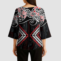 Red Aotearoa Tukutuku Manawa Tapu Kimono Sleeve Blouse Ta Moko Toi Maori - Polynesian Pride