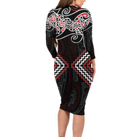 Red Aotearoa Tukutuku Manawa Tapu Long Sleeve Bodycon Dress Ta Moko Toi Maori