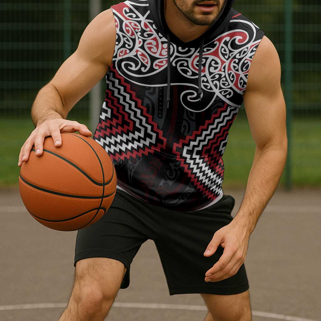 Red Aotearoa Tukutuku Manawa Tapu Sleeveless Hoodie Ta Moko Toi Maori - Polynesian Pride