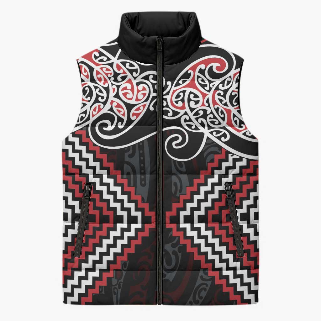 Red Aotearoa Tukutuku Manawa Tapu Sleeveless Puffer Jacket Ta Moko Toi Maori - Polynesian Pride