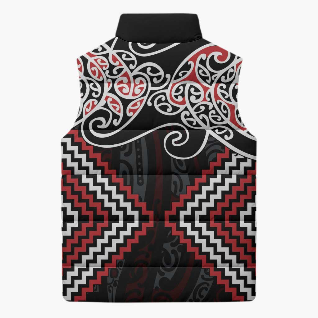 Red Aotearoa Tukutuku Manawa Tapu Sleeveless Puffer Jacket Ta Moko Toi Maori - Polynesian Pride