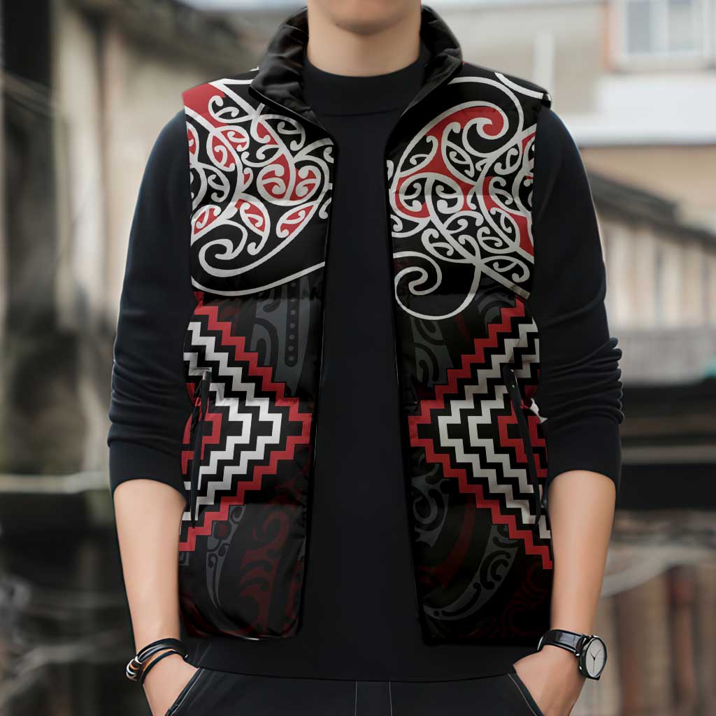 Red Aotearoa Tukutuku Manawa Tapu Sleeveless Puffer Jacket Ta Moko Toi Maori - Polynesian Pride