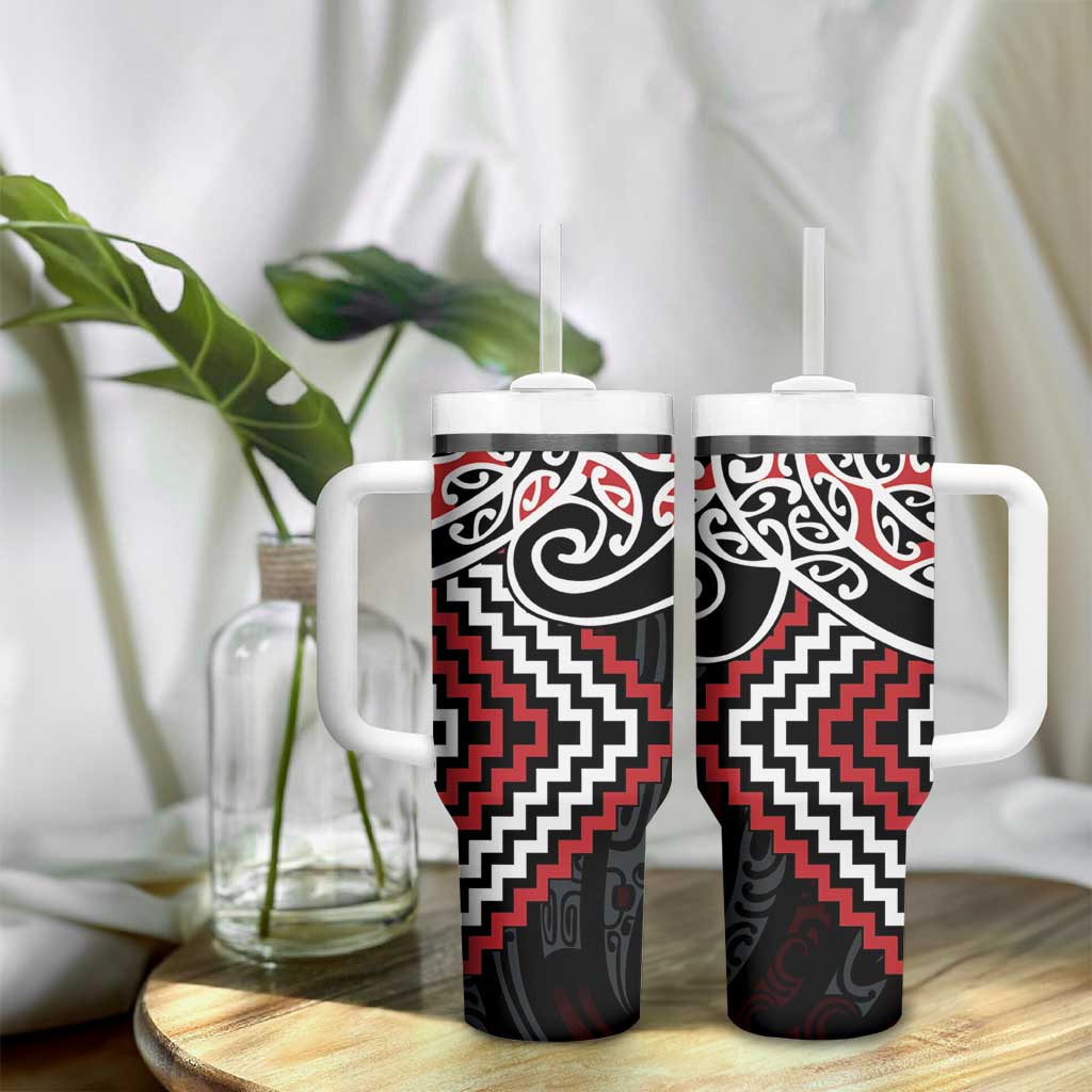 Red Aotearoa Tukutuku Manawa Tapu Tumbler With Handle Ta Moko Toi Maori LT9 - Polynesian Pride
