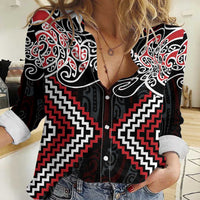 Red Aotearoa Tukutuku Manawa Tapu Women Casual Shirt Ta Moko Toi Maori