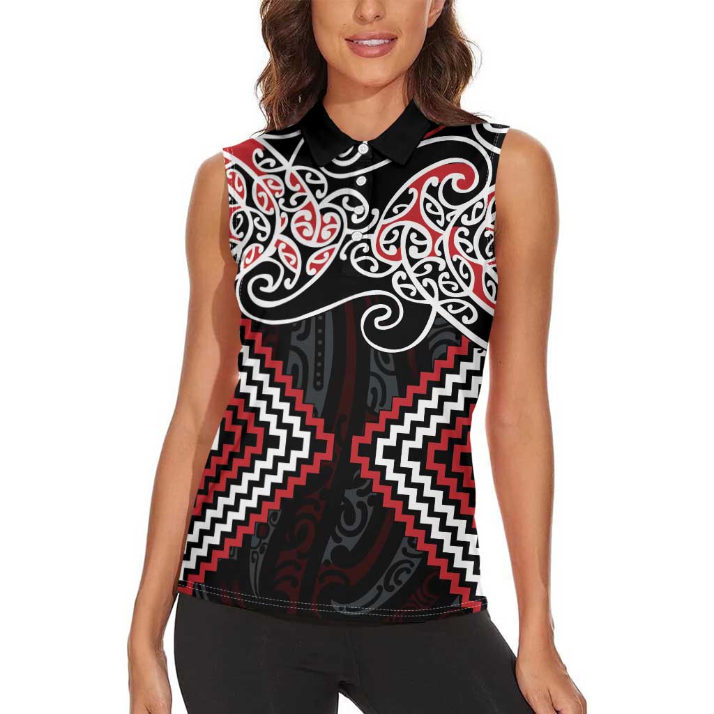 Red Aotearoa Tukutuku Manawa Tapu Women Sleeveless Polo Shirt Ta Moko Toi Maori