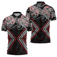 Red Aotearoa Tukutuku Manawa Tapu Zipper Polo Shirt Ta Moko Toi Maori - Polynesian Pride