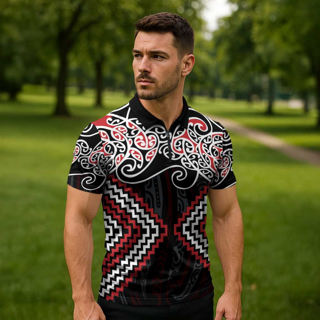 Red Aotearoa Tukutuku Manawa Tapu Zipper Polo Shirt Ta Moko Toi Maori - Polynesian Pride