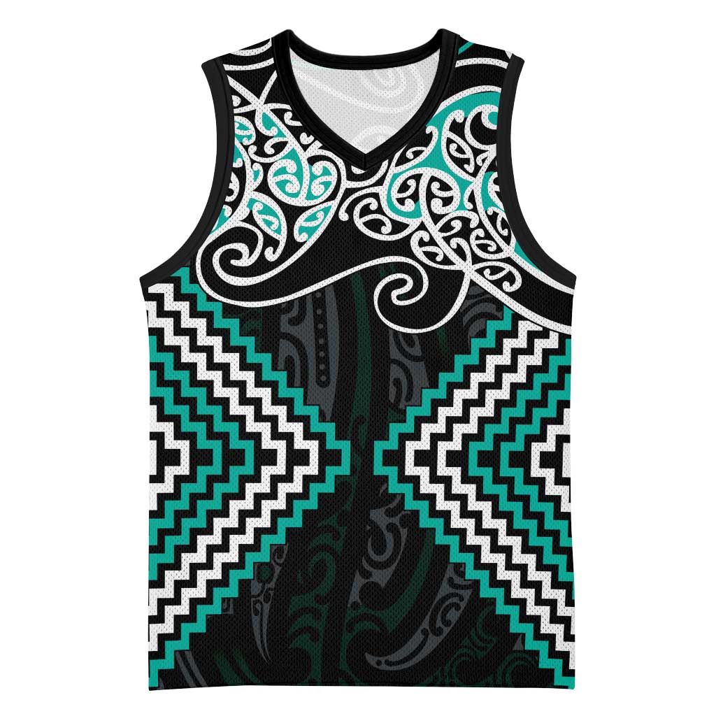 Turquoise Aotearoa Tukutuku Manawa Tapu Basketball Jersey Ta Moko Toi Maori - Polynesian Pride