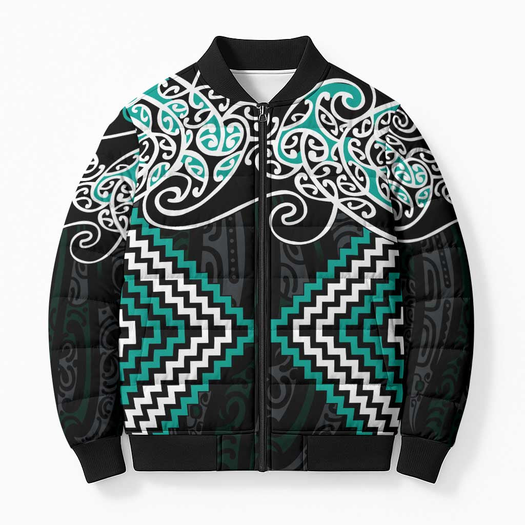 Turquoise Aotearoa Tukutuku Manawa Tapu Bomber Puffer Jacket Ta Moko Toi Maori - Polynesian Pride