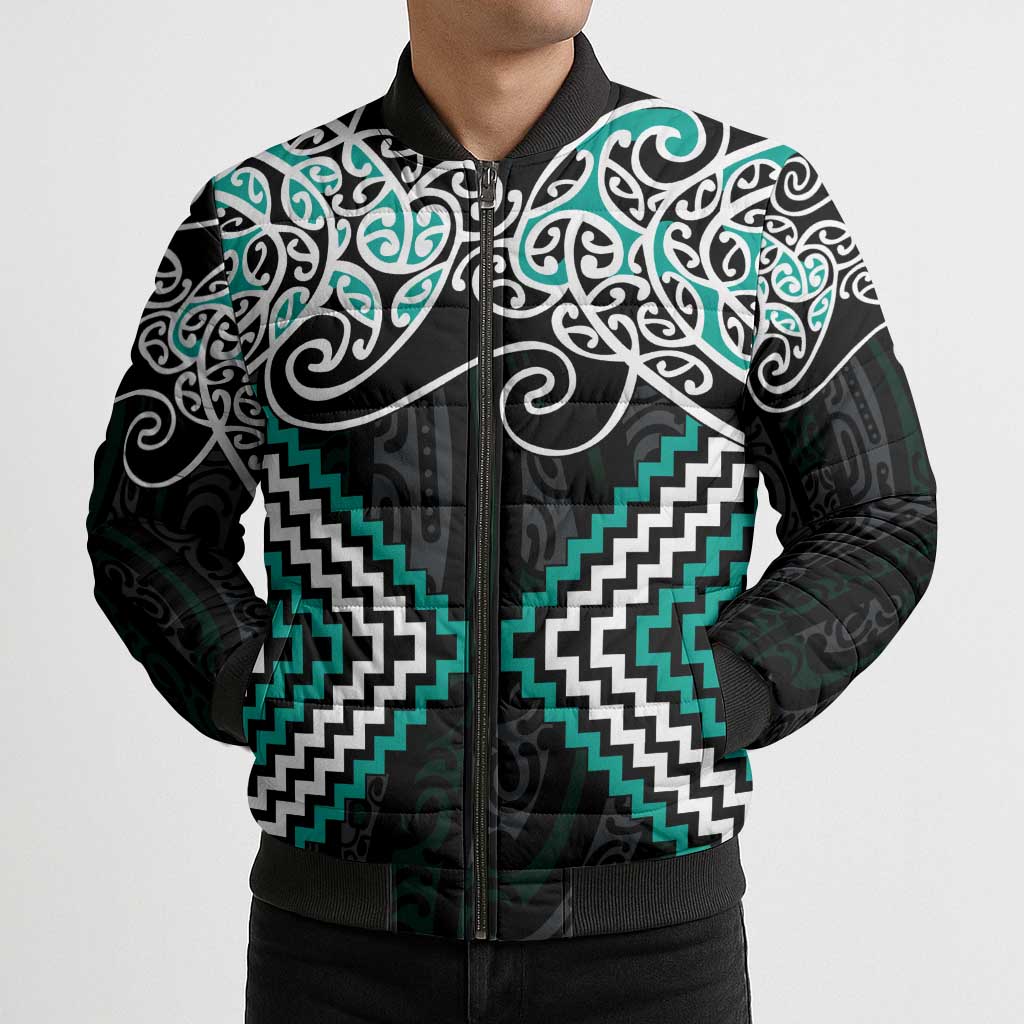 Turquoise Aotearoa Tukutuku Manawa Tapu Bomber Puffer Jacket Ta Moko Toi Maori - Polynesian Pride