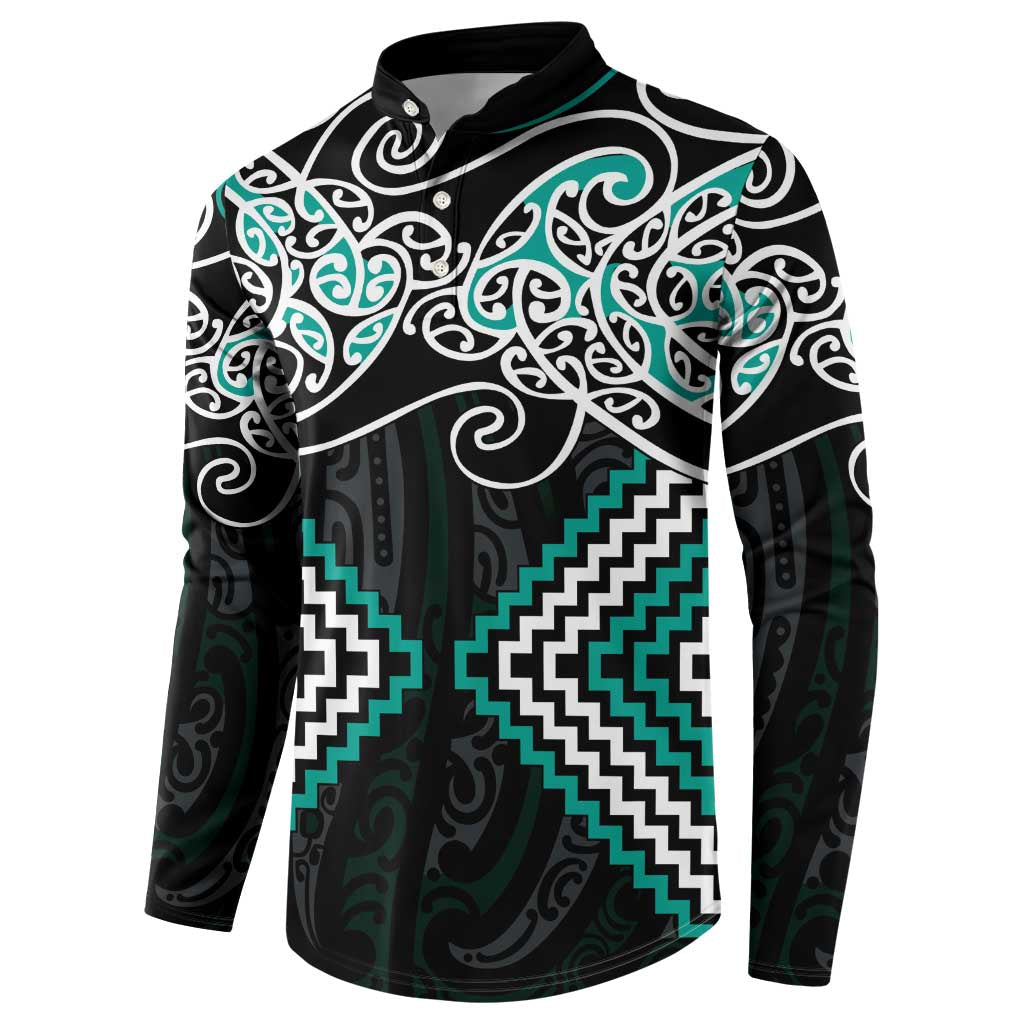Turquoise Aotearoa Tukutuku Manawa Tapu Button Sweatshirt Ta Moko Toi Maori LT9 - Polynesian Pride