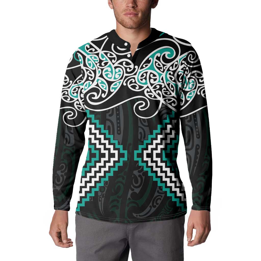 Turquoise Aotearoa Tukutuku Manawa Tapu Button Sweatshirt Ta Moko Toi Maori LT9 - Polynesian Pride