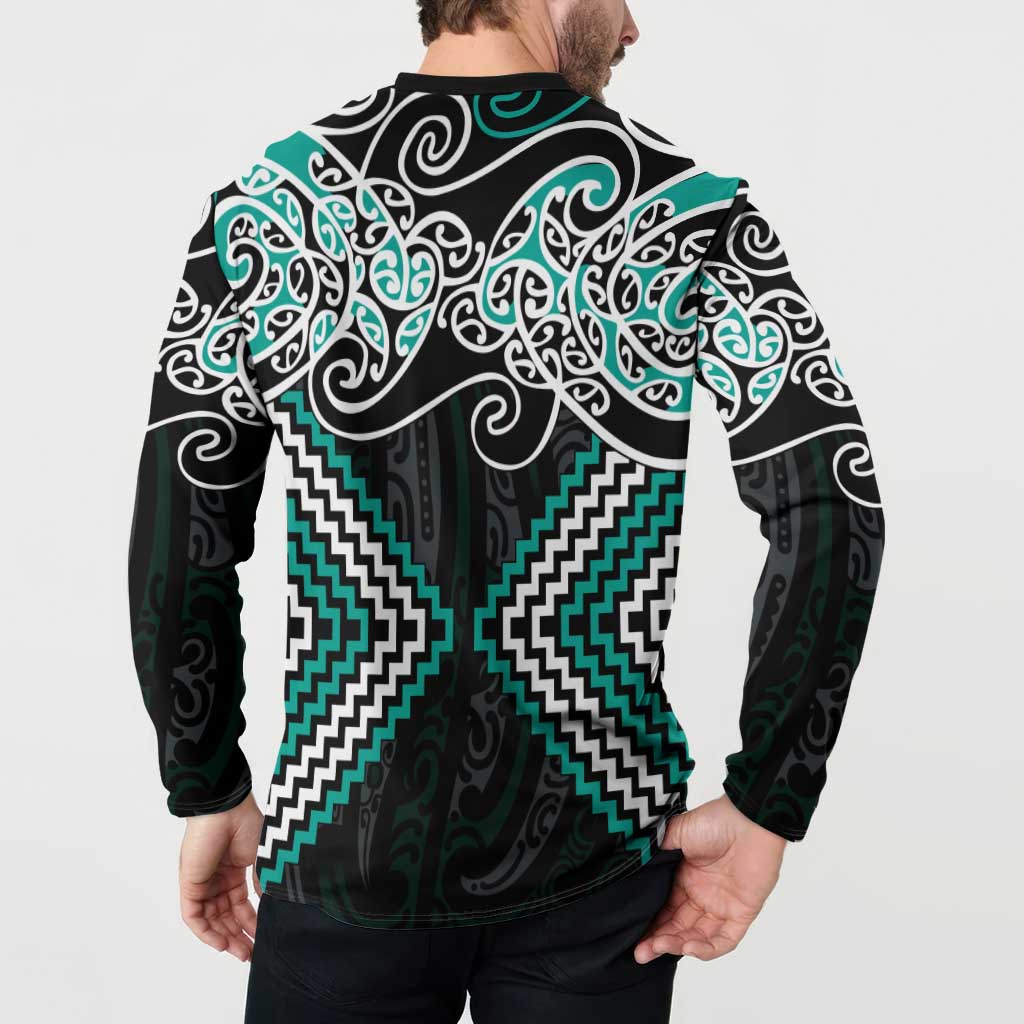 Turquoise Aotearoa Tukutuku Manawa Tapu Button Sweatshirt Ta Moko Toi Maori LT9 - Polynesian Pride