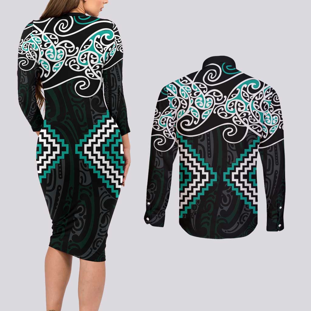 Turquoise Aotearoa Tukutuku Manawa Tapu Couples Matching Long Sleeve Bodycon Dress and Long Sleeve Button Shirt Ta Moko Toi Maori