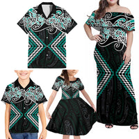 Turquoise Aotearoa Tukutuku Manawa Tapu Family Matching Off Shoulder Maxi Dress and Hawaiian Shirt Ta Moko Toi Maori