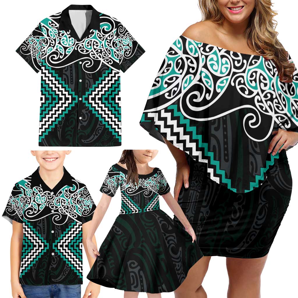 Turquoise Aotearoa Tukutuku Manawa Tapu Family Matching Off Shoulder Short Dress and Hawaiian Shirt Ta Moko Toi Maori