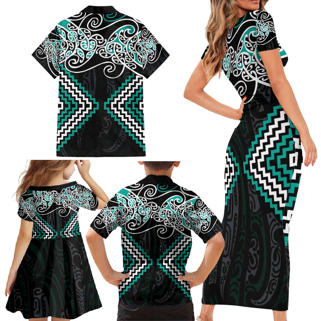 Turquoise Aotearoa Tukutuku Manawa Tapu Family Matching Short Sleeve Bodycon Dress and Hawaiian Shirt Ta Moko Toi Maori