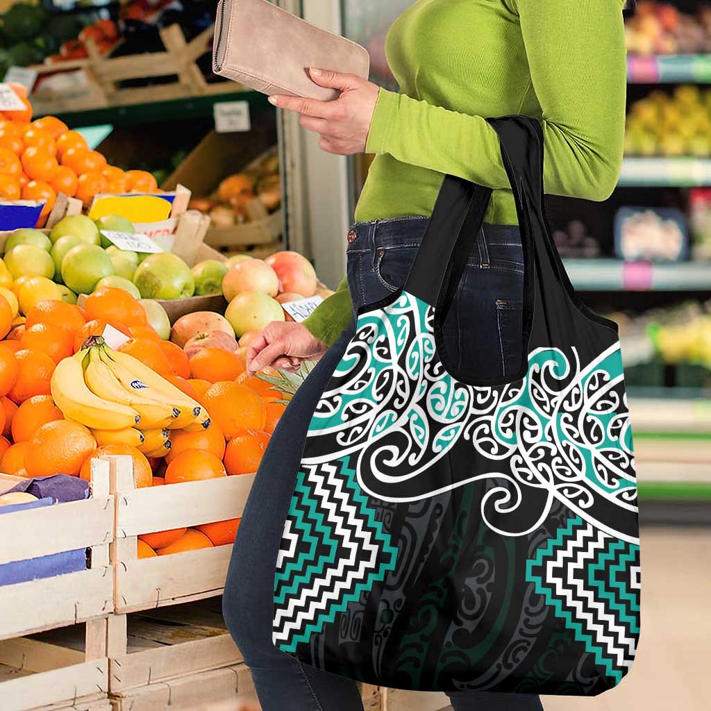 Turquoise Aotearoa Tukutuku Manawa Tapu Grocery Bag Ta Moko Toi Maori LT9 - Polynesian Pride